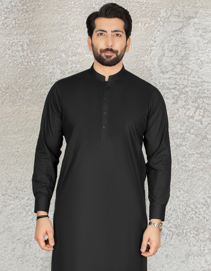 Black Cotton Men's Kameez Shalwar | Jjks-A-40203-R2