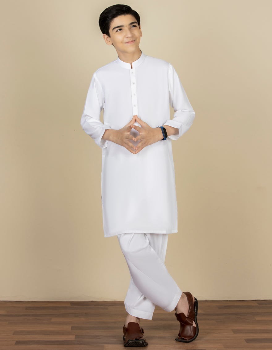 White Blended Kid's Kameez Shalwar | Jcks-A-40221-R8-Ap