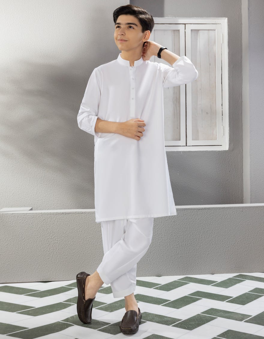 White Blended Kid's Kameez Shalwar | Jcks-S-40221-R4