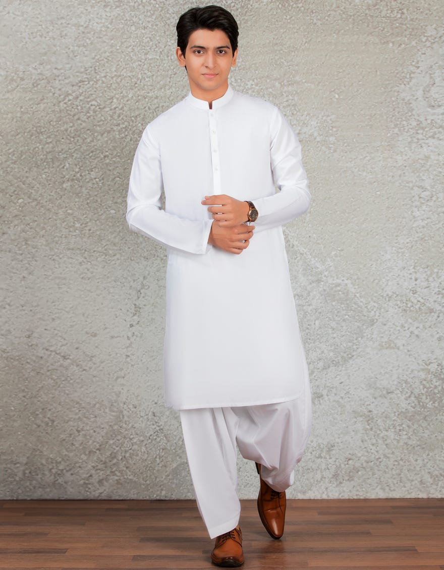 White Blended Teen Boy's Kameez Shalwar | Jtks-A-40223-R5