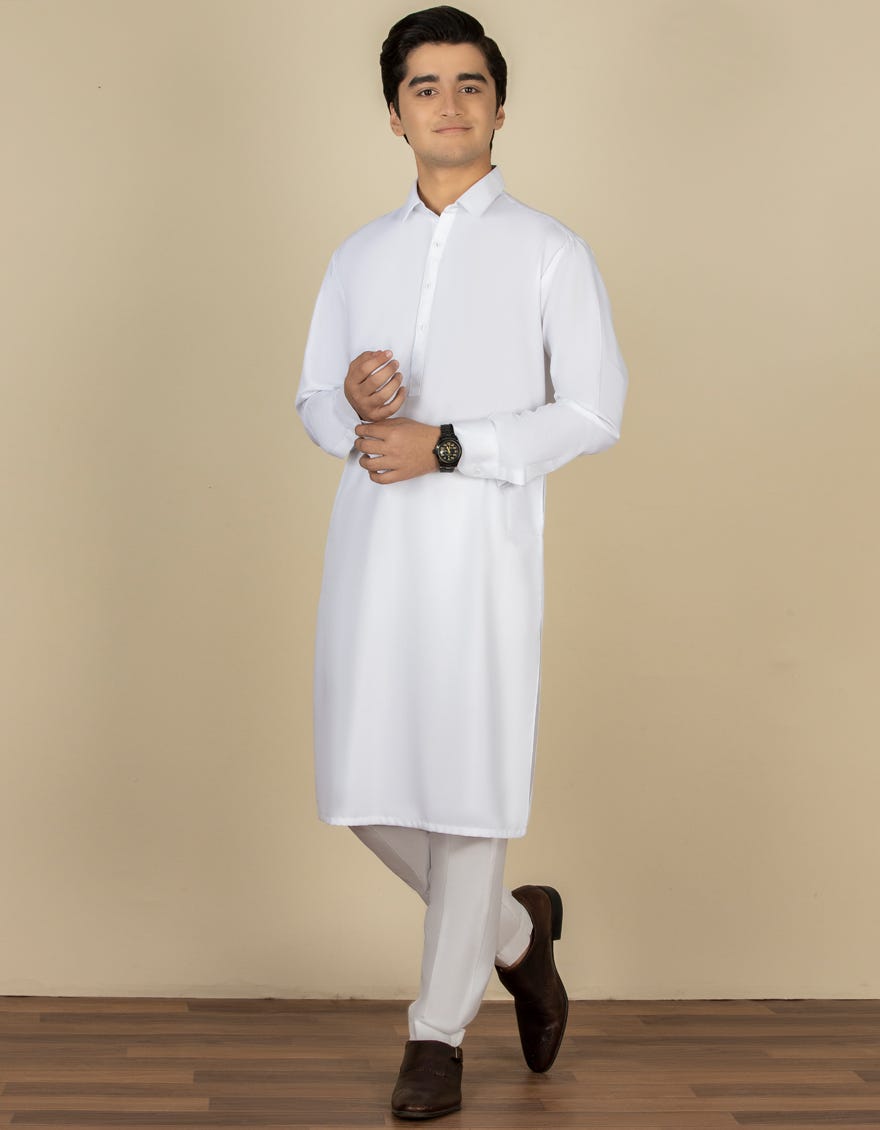 White Blended Teen Boy's Kameez Shalwar | Jtks-A-40224-R7