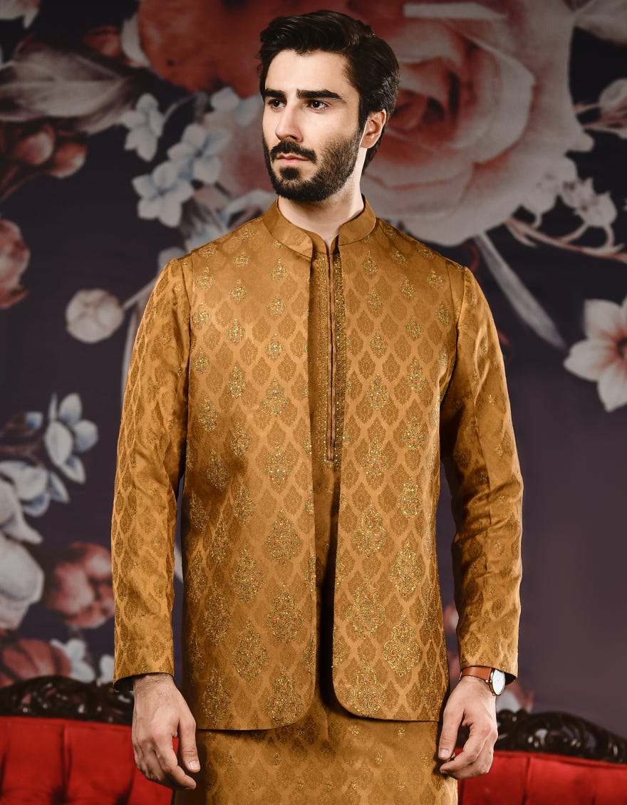 Golden Brown Jamawar Special Kurta+Waistcoat | Jjk-Vc-Sp-40243