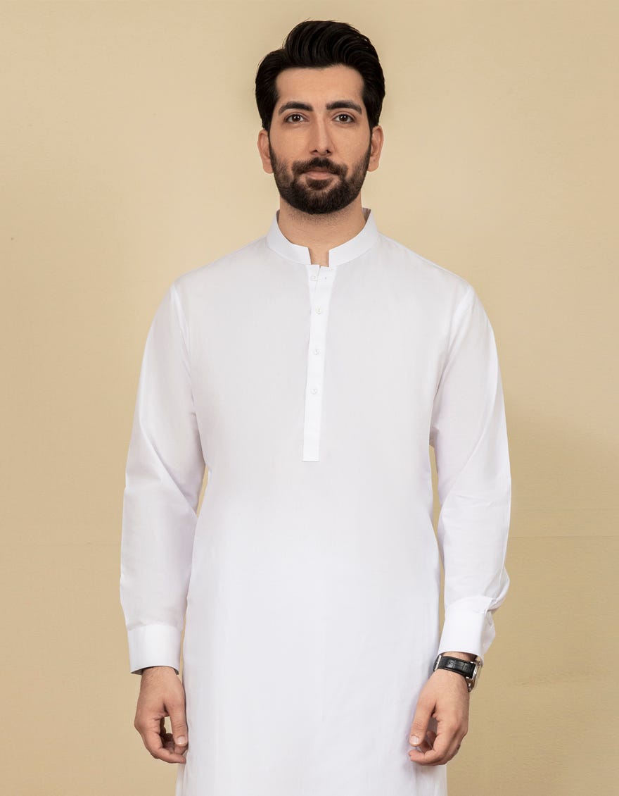 White Cotton Men's Kameez Shalwar | Jjks-A-40262-R3