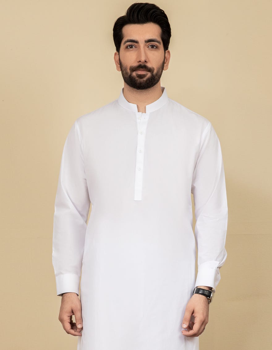 White Cotton Men's Kameez Shalwar | Jjks-A-40262-R2