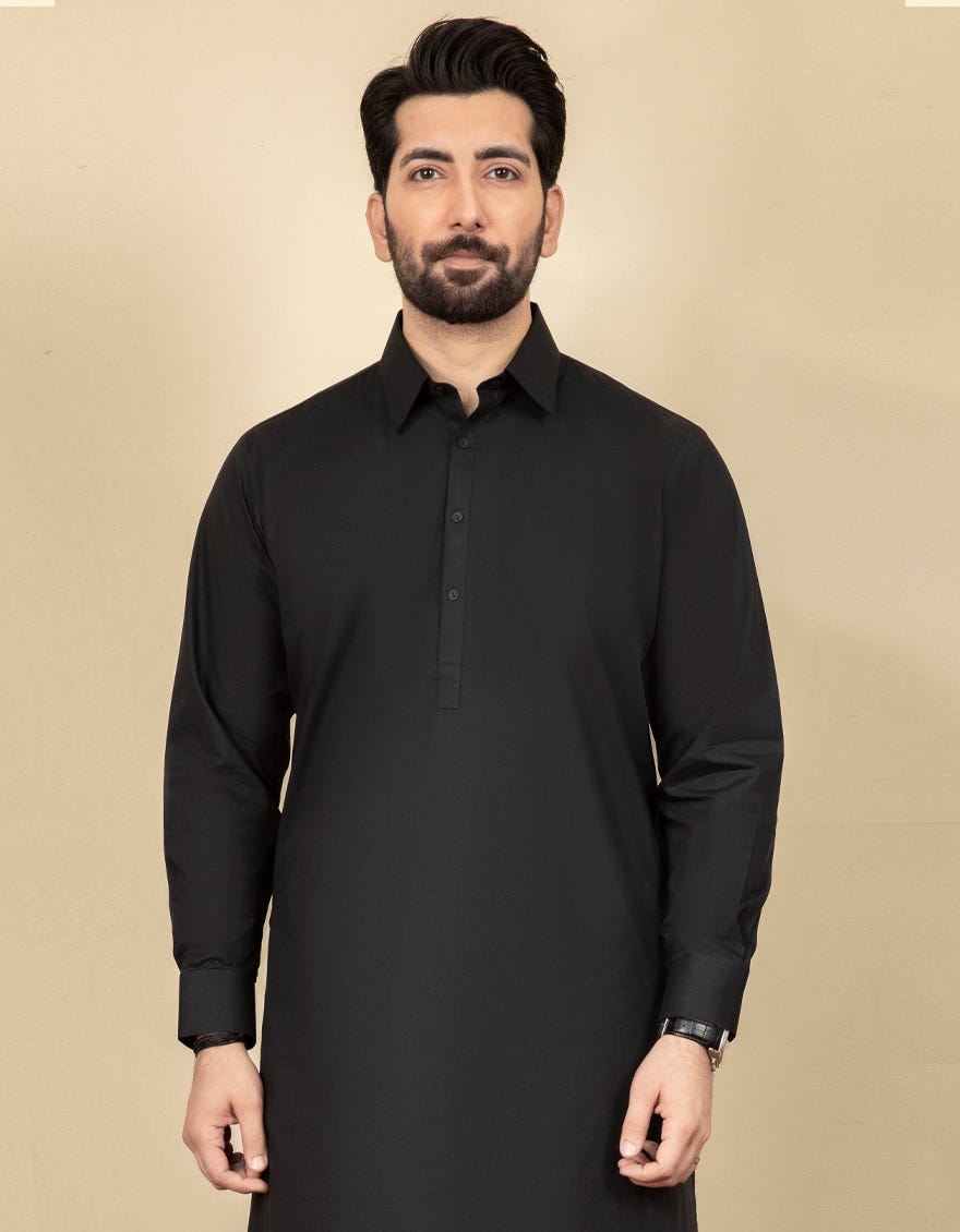 Black Cotton Men's Kameez Shalwar | Jjks-A-40263-R2