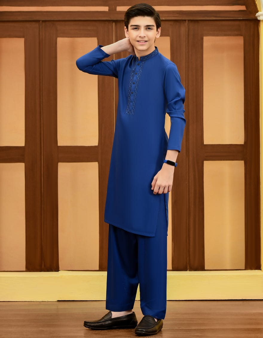 Electric Blue Blended Kid's Kameez Shalwar | Jcks-S-41181
