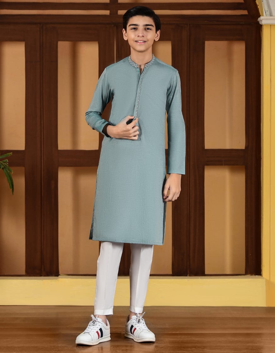 Sea Green Cotton Kid's Kurta | Jck-S-41229