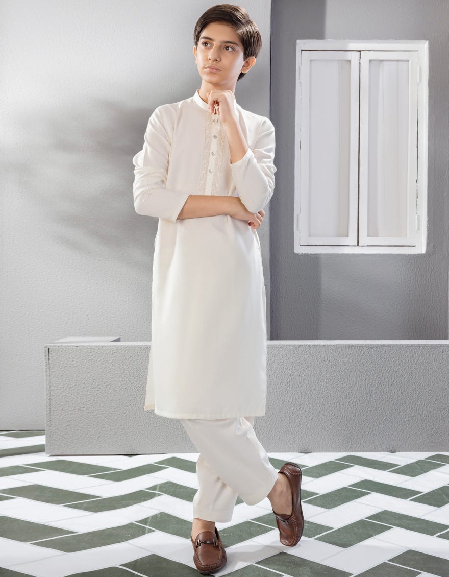 Off White Blended Kid's Kameez Shalwar | Jcks-A-41235