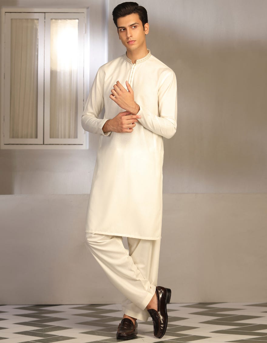 Off White Blended Teen Boy's Kameez Shalwar | Jtks-A-41236