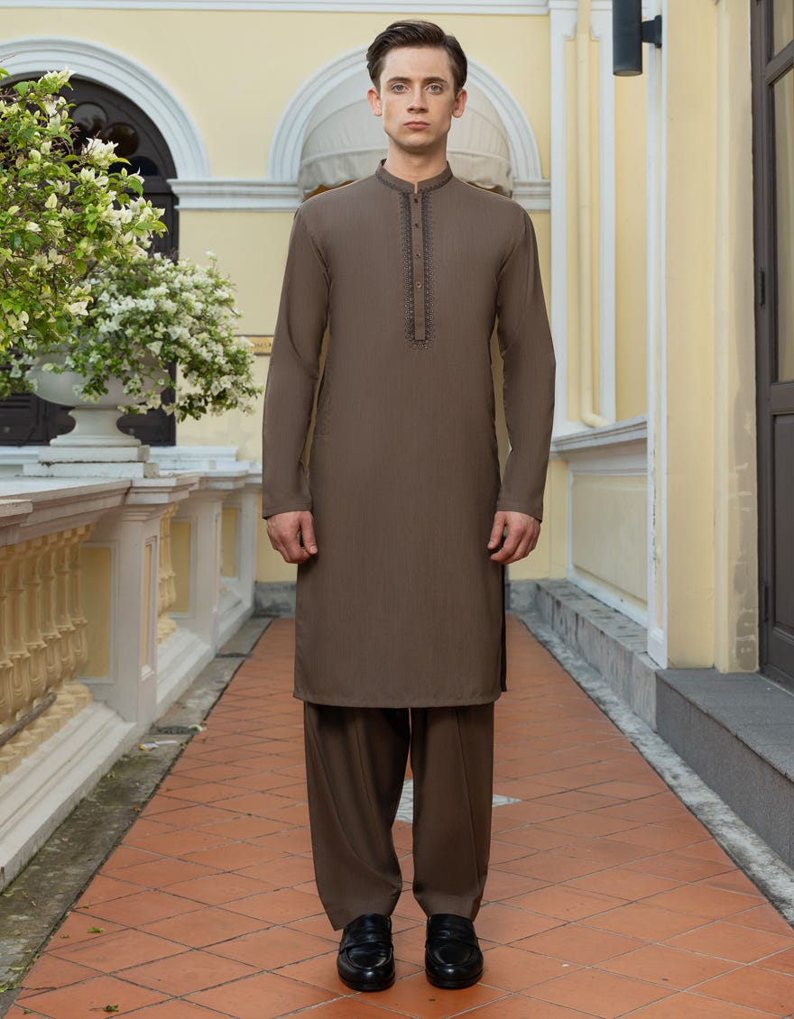 Mud Brown Blended Teen Boy's Kameez Shalwar | Jtks-A-41238