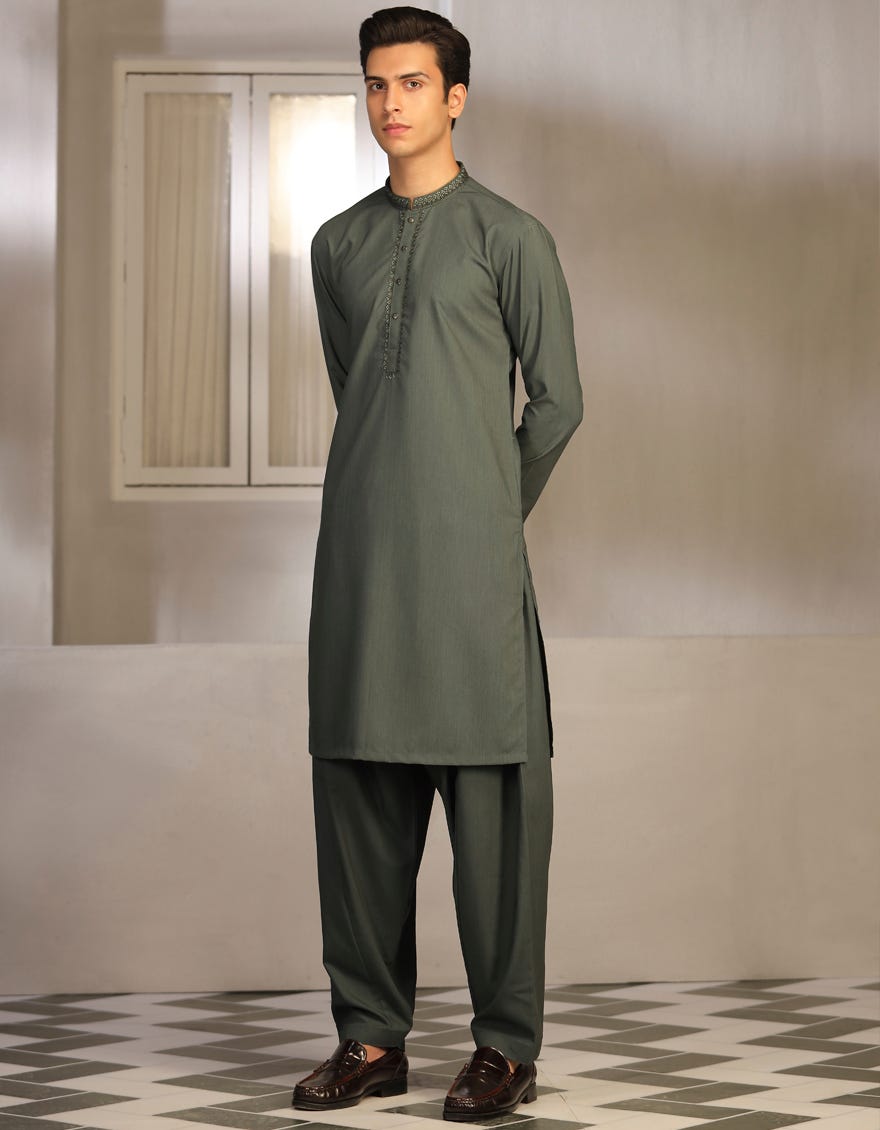 Forest Green Blended Teen Boy's Kameez Shalwar | Jtks-A-41248