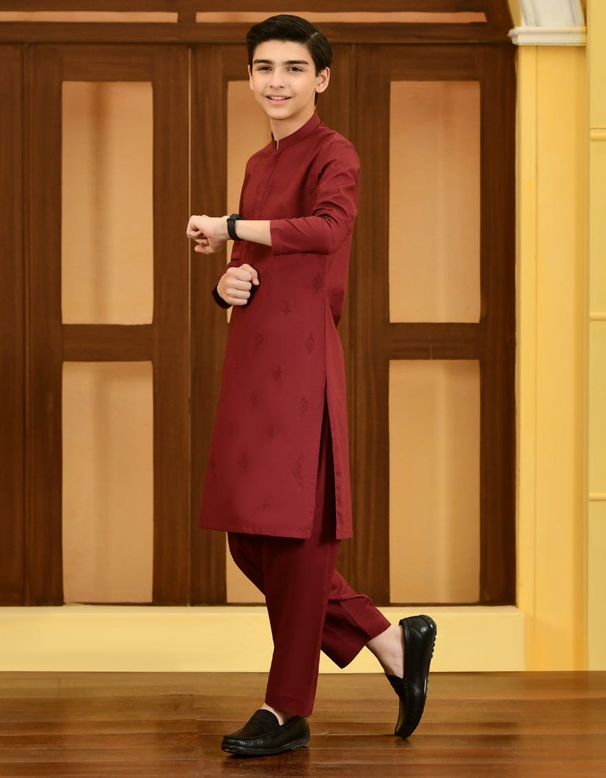 Maroon Cotton Kid's Kameez Shalwar | Jcks-S-41255
