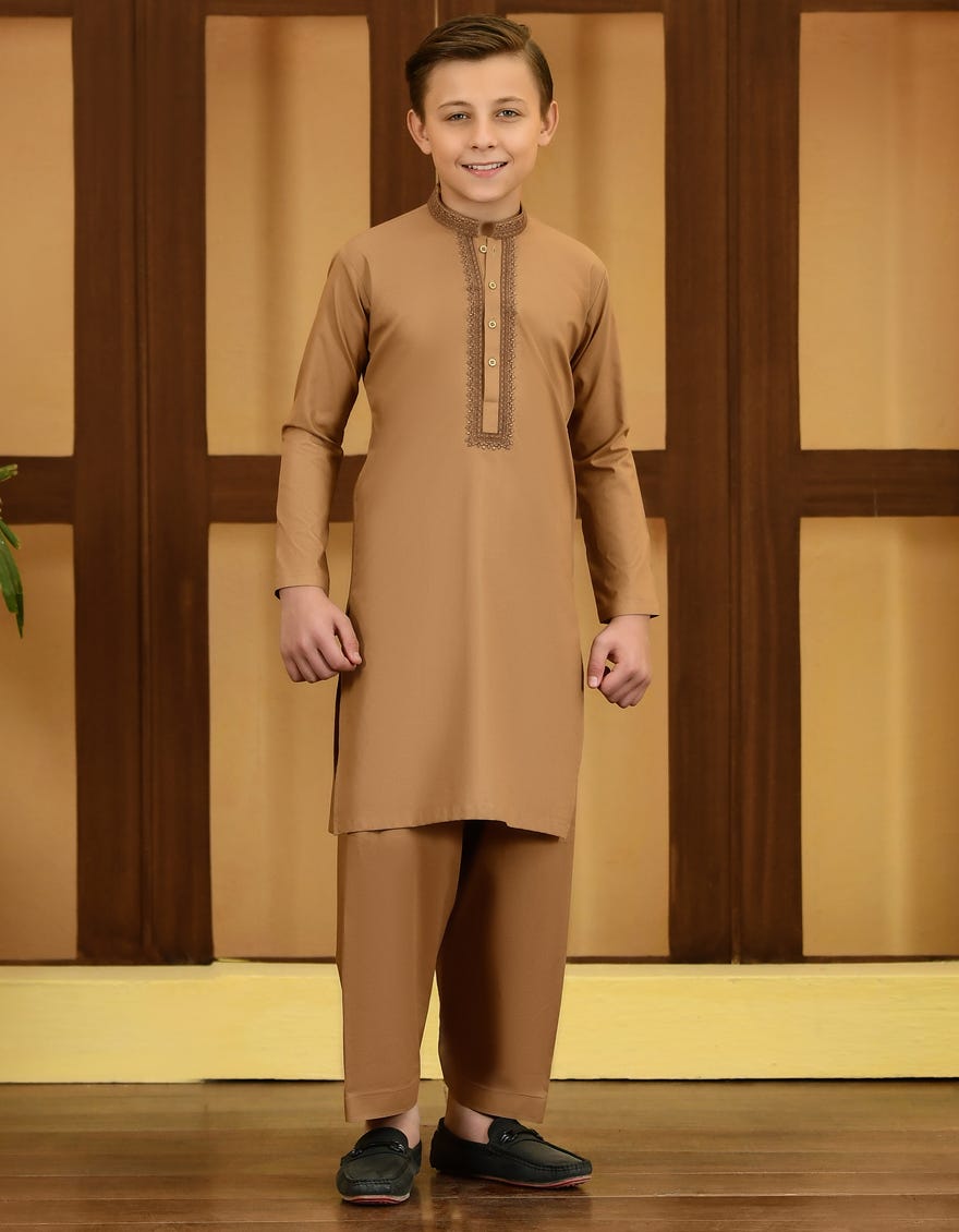 Biscuit Brown Cotton Kid's Kameez Shalwar | Jcks-S-41265