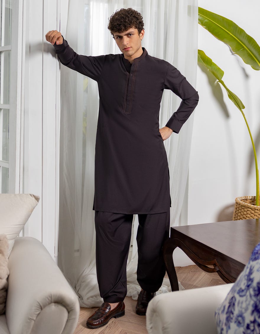 DEEP BROWN SEMI-FORMAL KAMEEZ SHALWAR