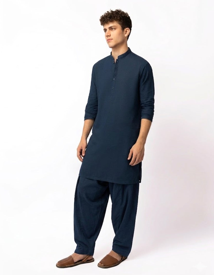 BLUE COTTON SEMI-FORMAL KAMEEZ SHALWAR