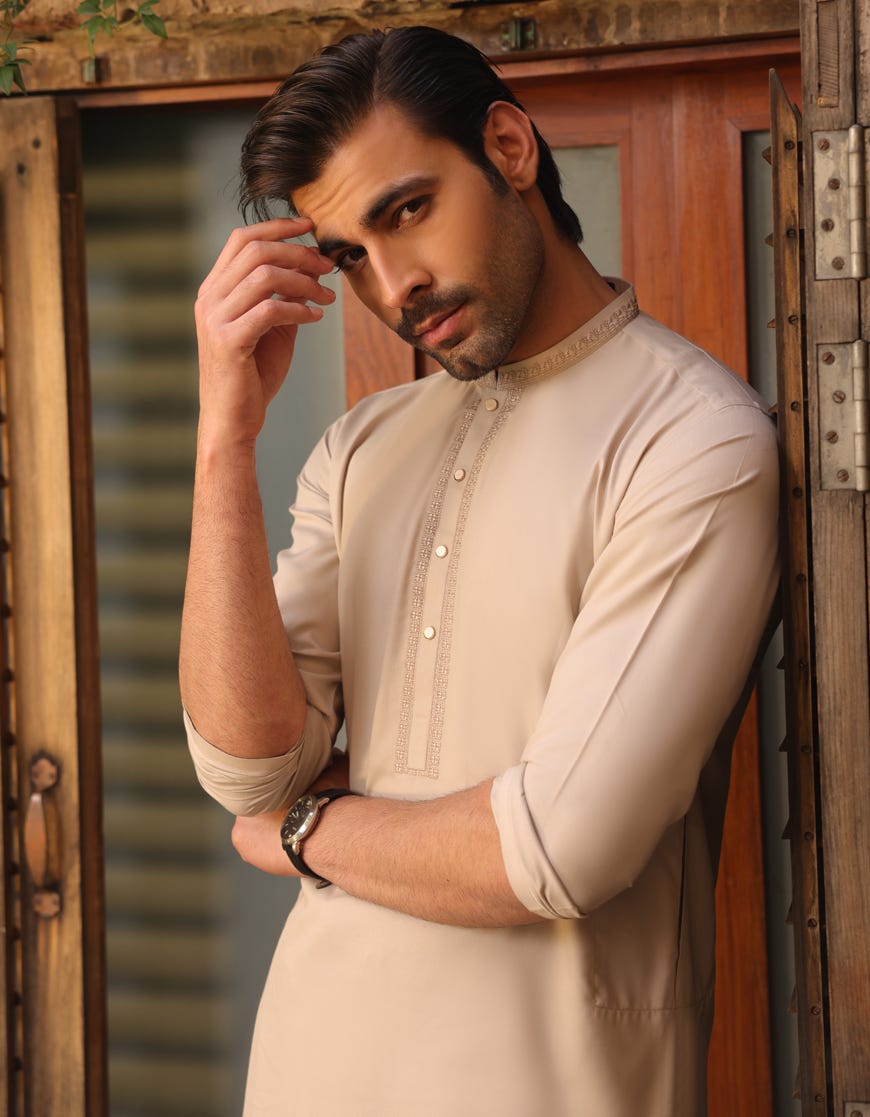 Beige Blended Men's Kameez Shalwar | Jjks-43253