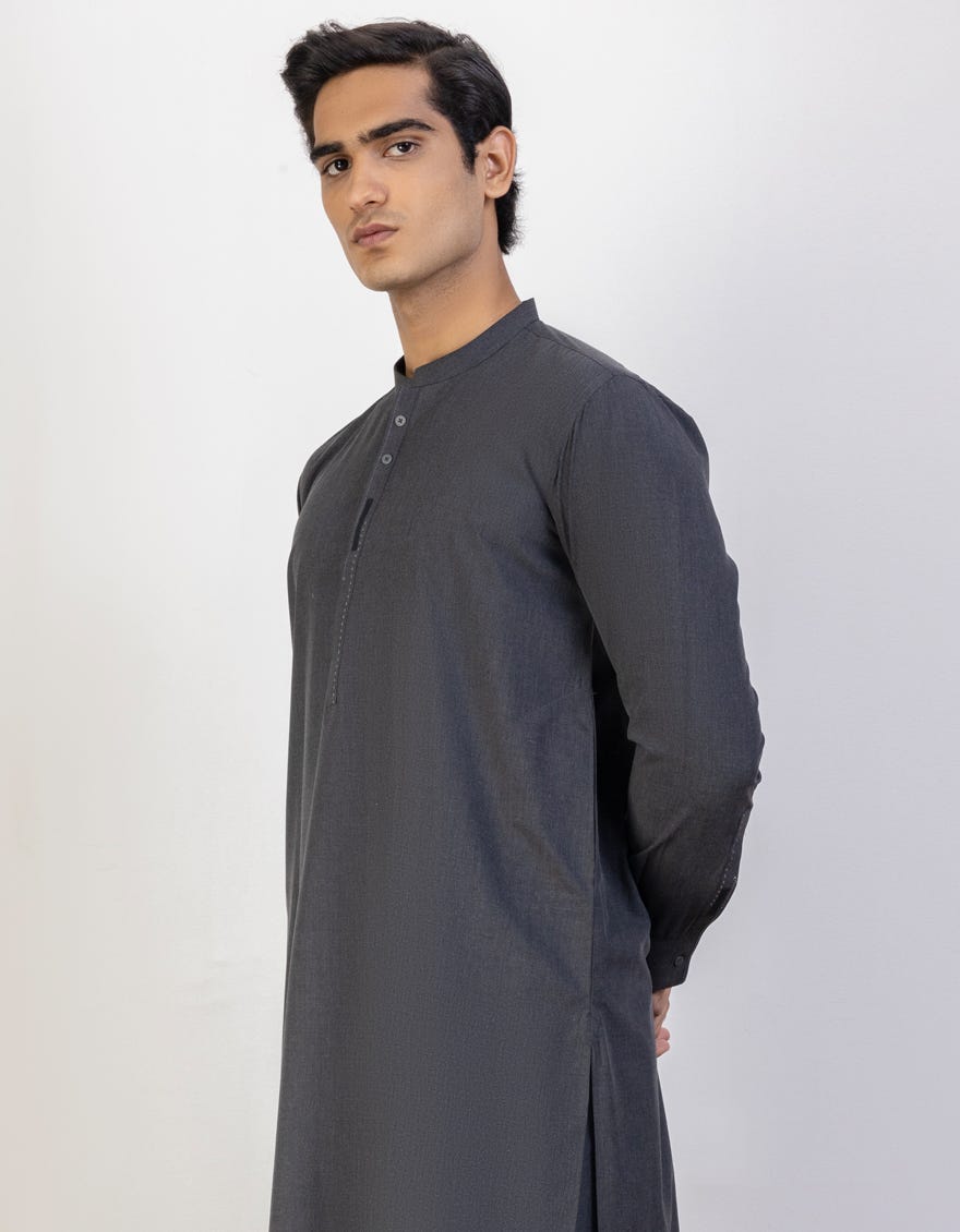 Charcoal Grey Blended Men's Kameez Shalwar | Jjks-43273