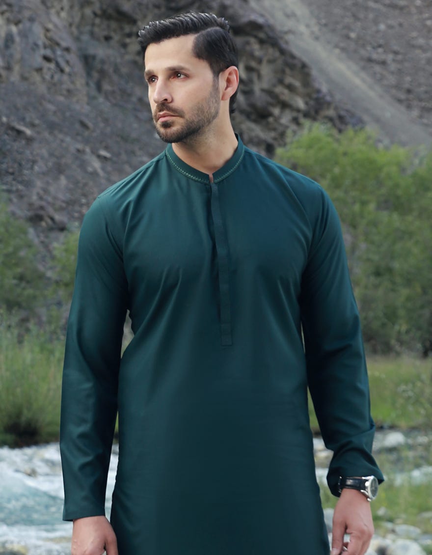 Green Blended Men's Kameez Shalwar | Jjks-43288