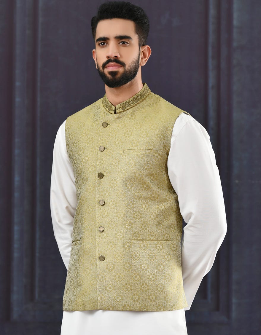 Mehndi Green Polyester Waistcoat | Jjvc-44083