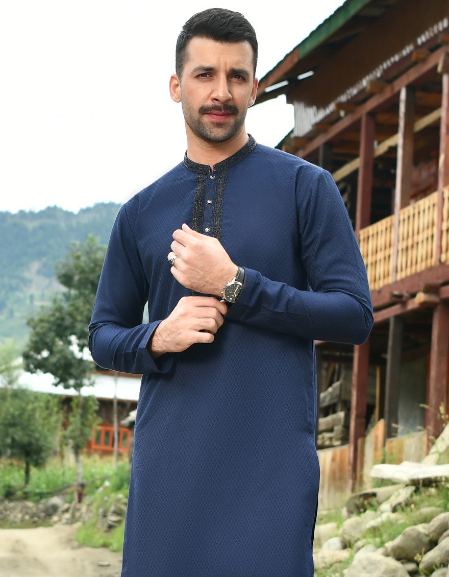 Navy Blue Polyester Men's Kurta | Jjk-Sp-44175