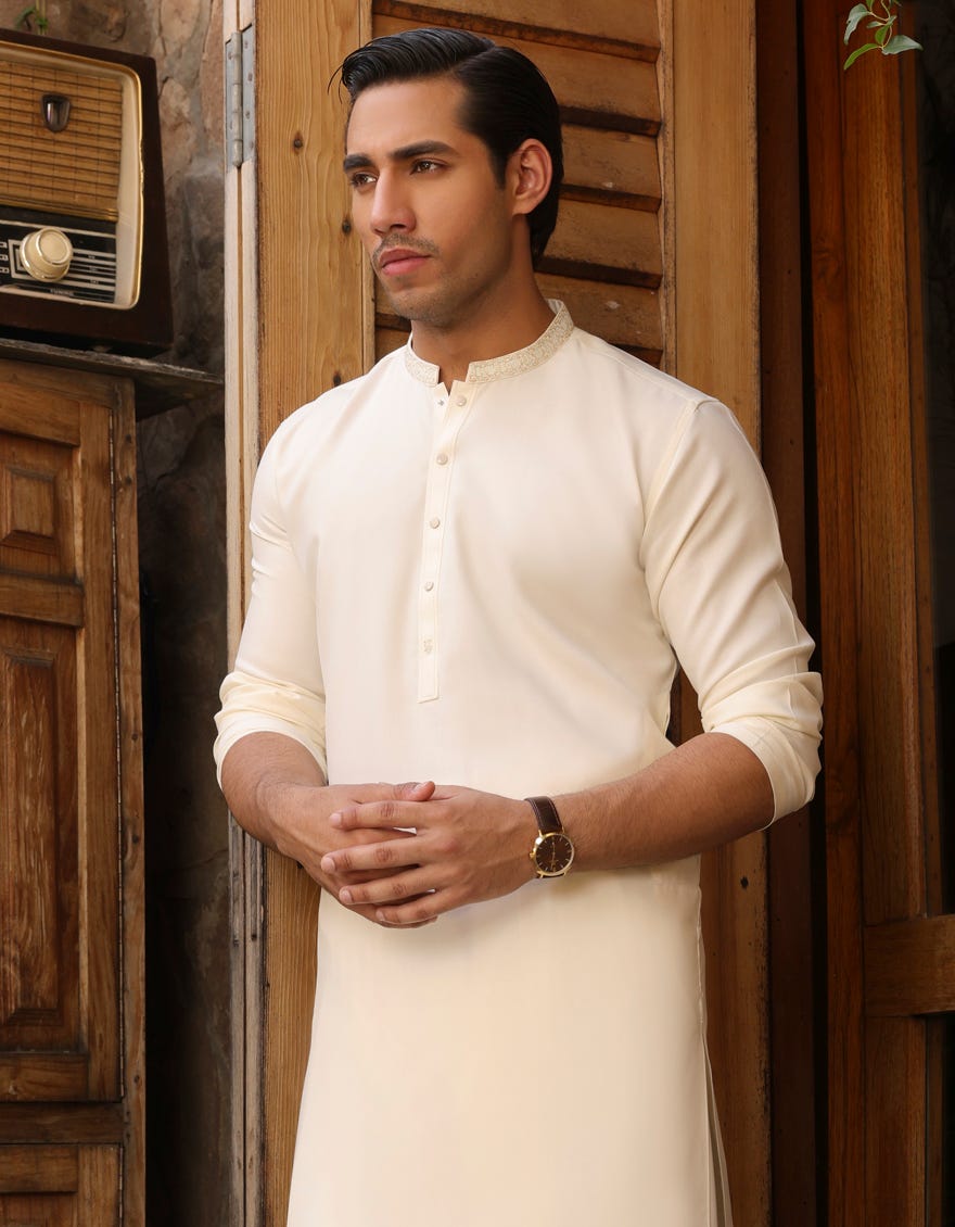 Cream Blended Men's Kameez Shalwar | Jjks-44188