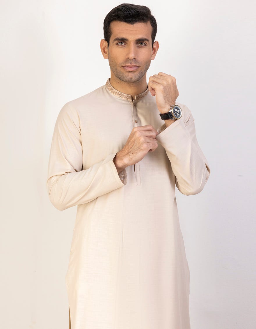 Beige Blended Men's Kameez Shalwar | Jjks-44211