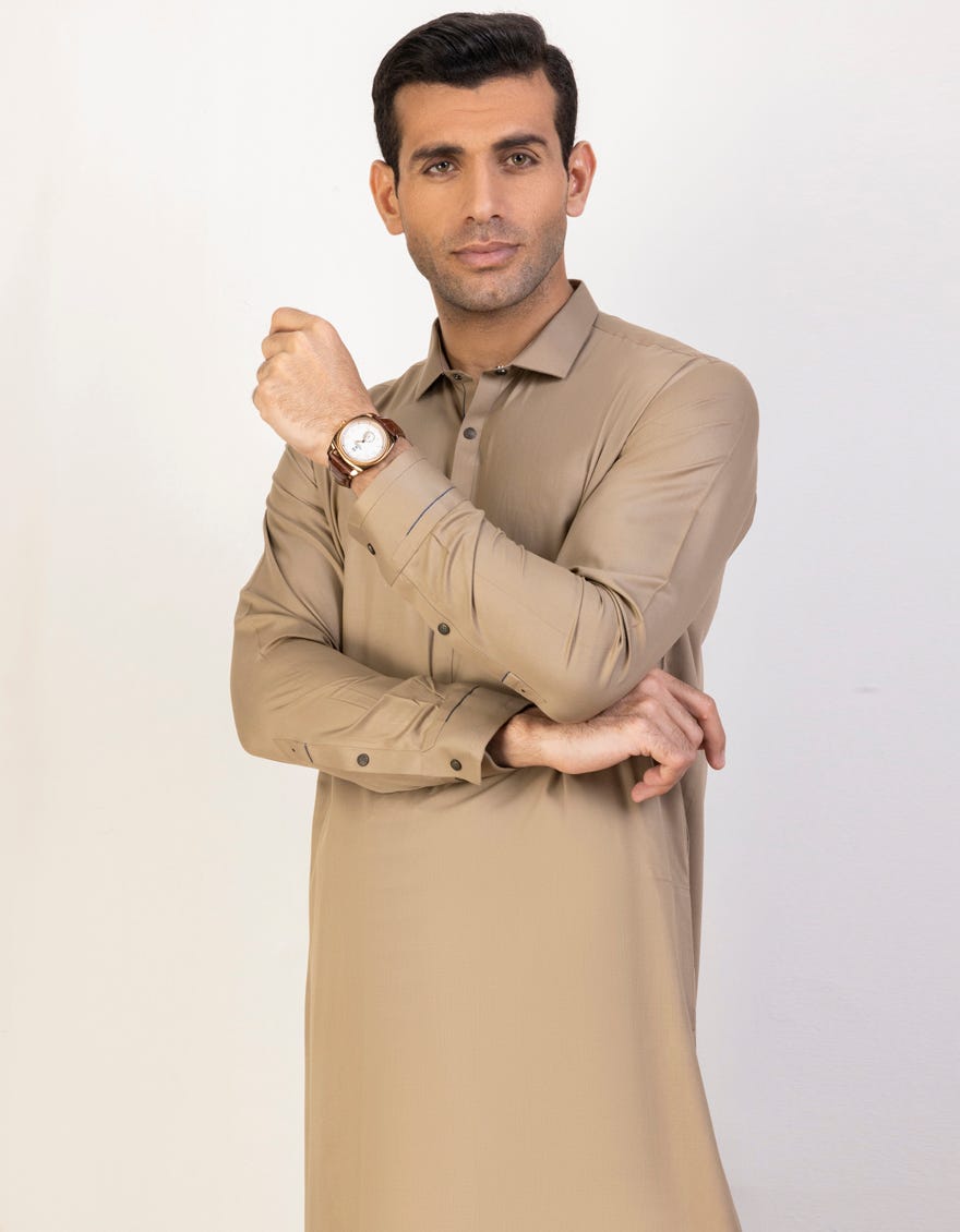 Khaki Blended Men's Kameez Shalwar | Jjks-44212