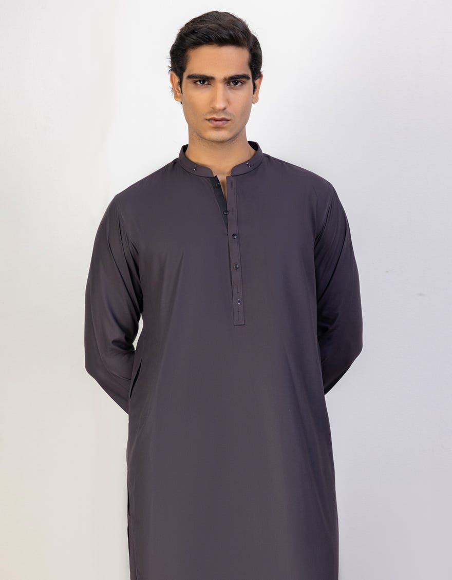 Charcoal Brown Blended Men's Kameez Shalwar | Jjks-44255