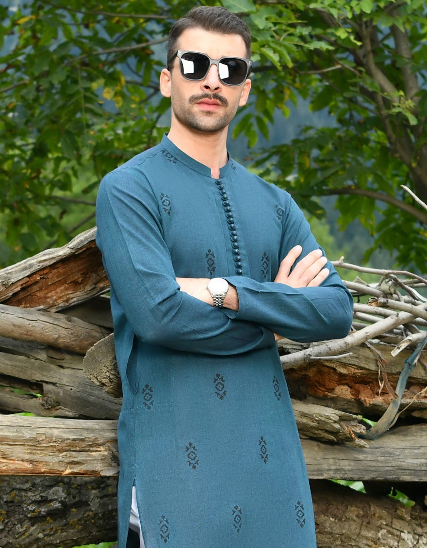 Teal Cotton Men's Kurta | Jjk-45053