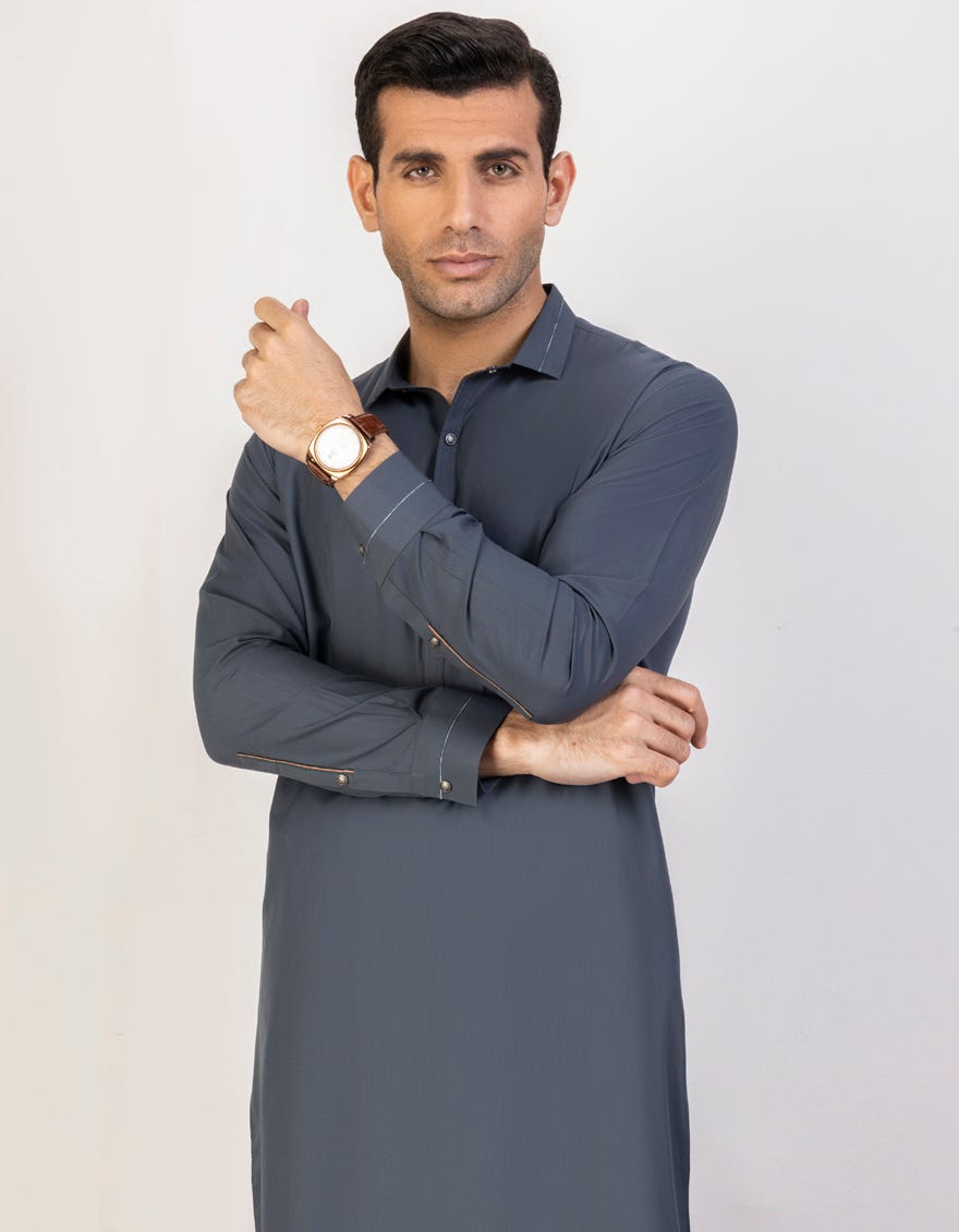 Grey Blended Men's Kameez Shalwar | Jjks-45116