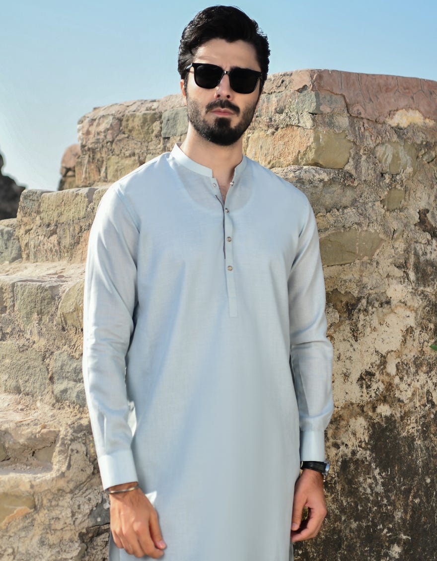 Sky Blue Blended Men's Kurta Pajama | Jjkp-45126