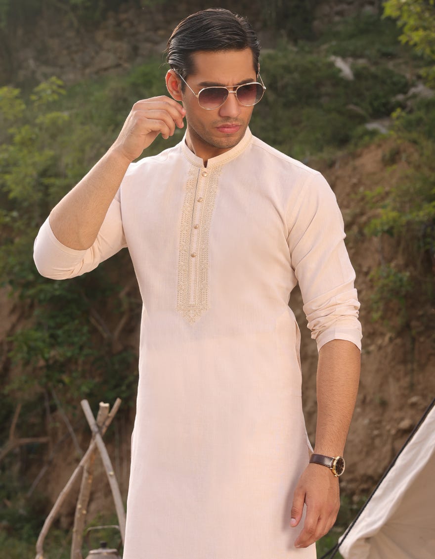 Cream Blended Men's Kurta Pajama | Jjkp-45203