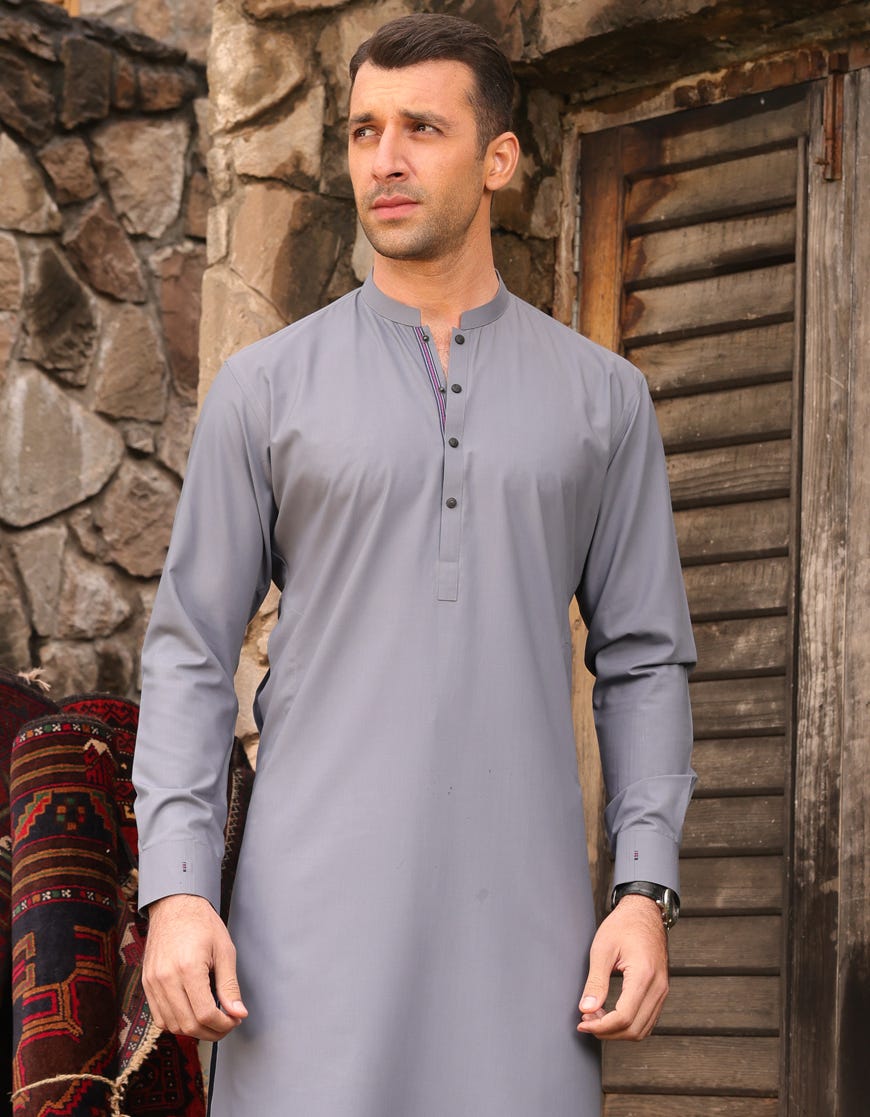 Slate Grey Blended Men's Kurta Pajama | Jjkp-45232