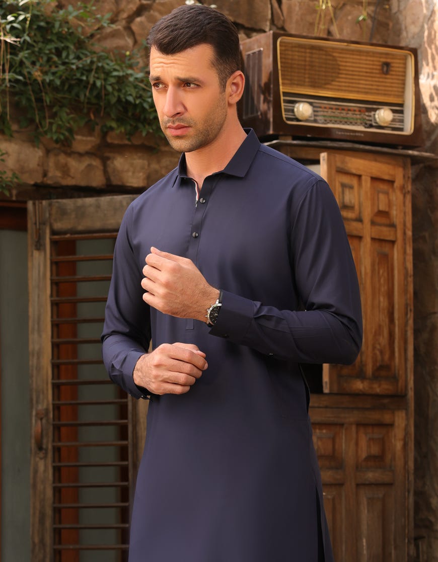 Navy Blue Blended Men's Kurta Pajama | Jjkp-45233