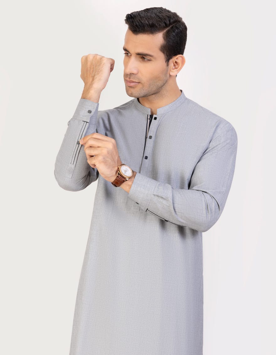 Light Grey Blended Men's Kameez Shalwar | Jjks-45236
