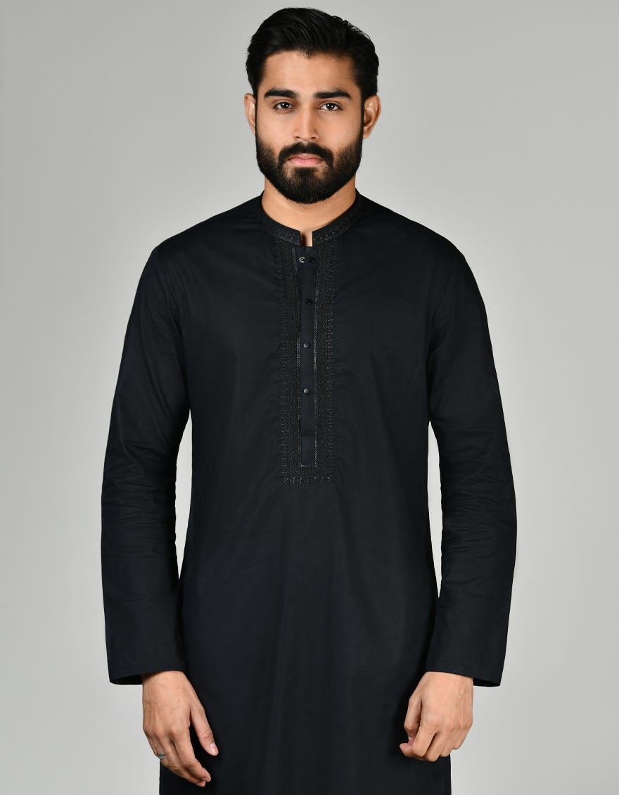 Black Cotton Men's Kurta | Jjk-S-45373
