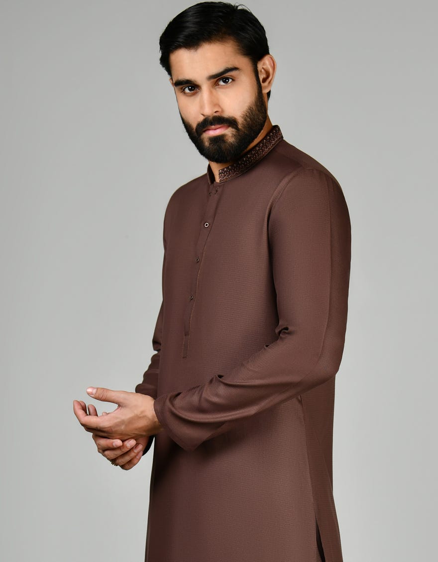 Brown Blended Men's Kameez Shalwar | Jjks-S-45376