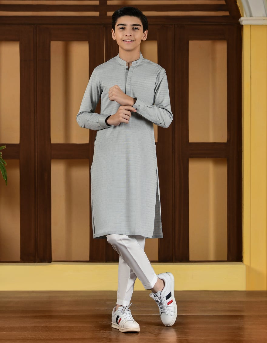 Hatched Grey Cotton Kid's Kurta | Jck-A-46008