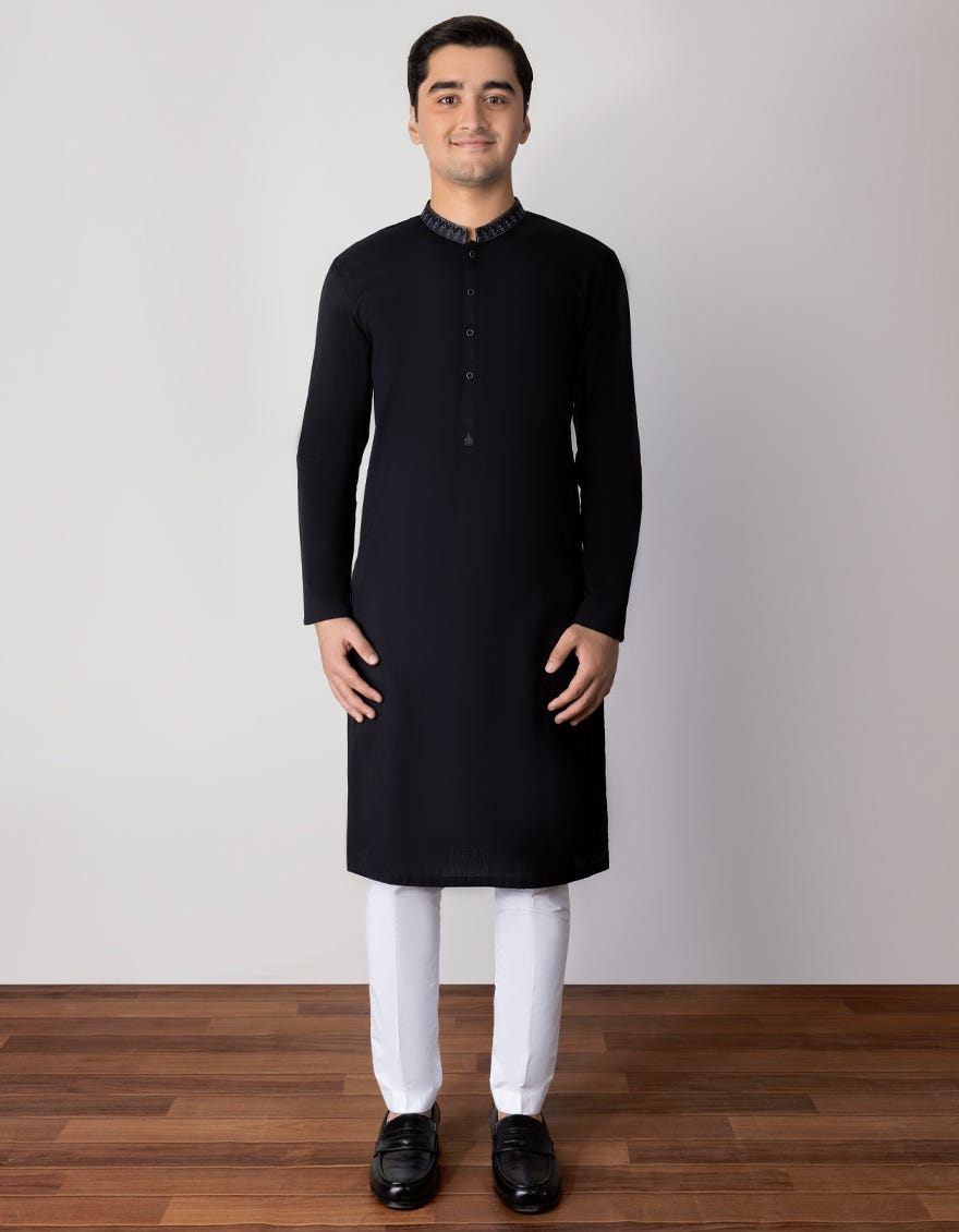 Black Cotton Teen Boy's Kurta | Jtk-A-46013