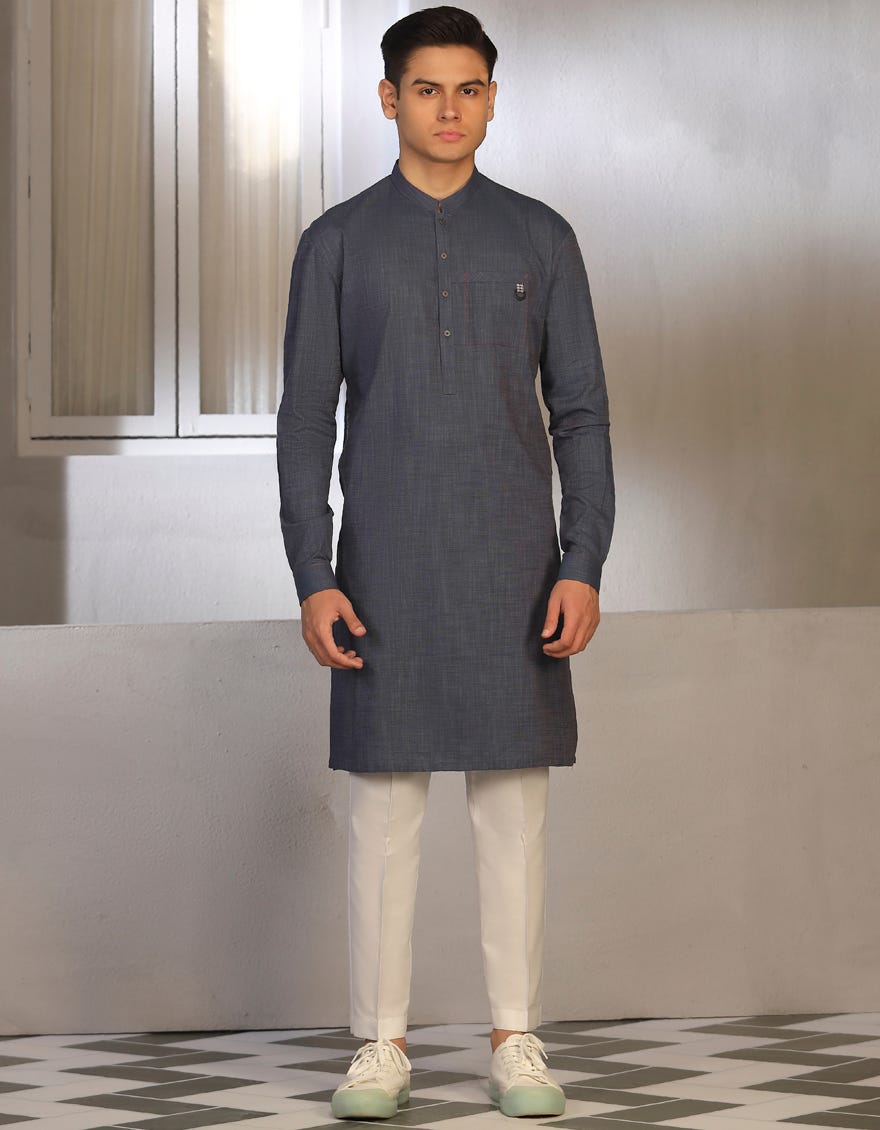 Hatched Blue Cotton Teen Boy's Kurta | Jtk-W-46016