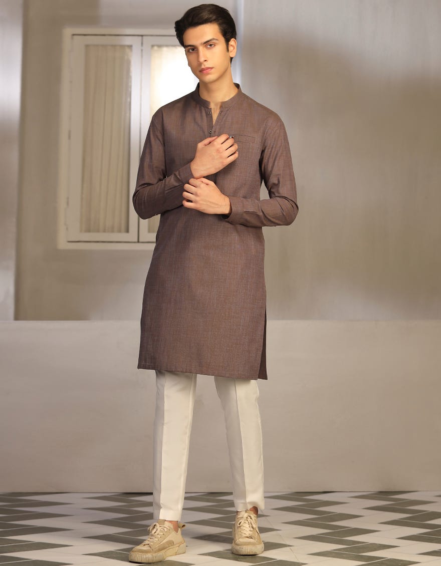Hatched Brown Cotton Teen Boy's Kurta | Jtk-W-46017