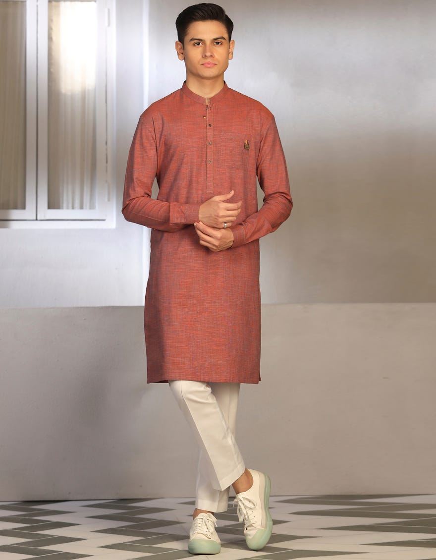 Hatched Orange Cotton Teen Boy's Kurta | Jtk-W-46018