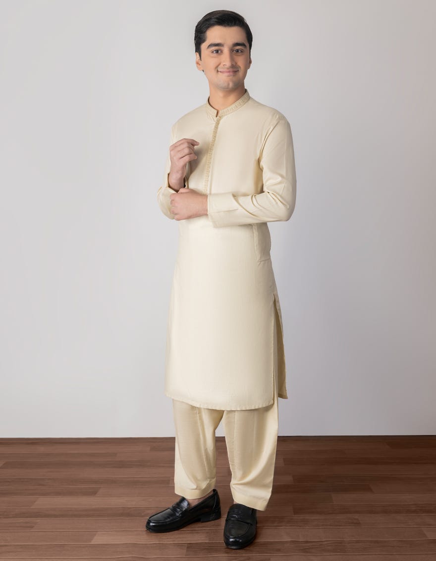 Pale Yellow Cotton Teen Boy's Kameez Shalwar | Jtks-S-46023
