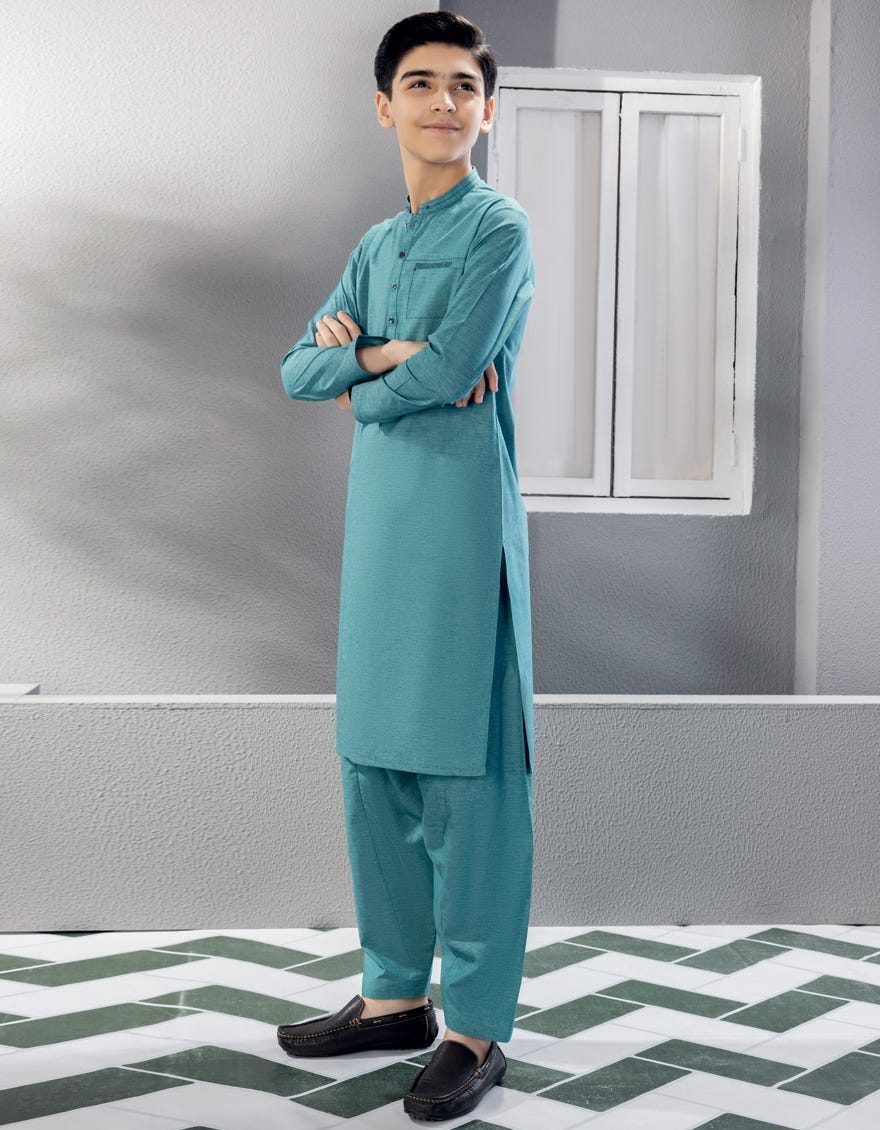 Aqua Green Blended Kid's Kameez Shalwar | Jcks-A-46027