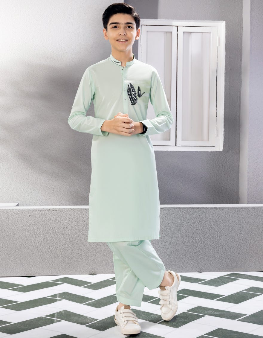 Aqua Green Cotton Kid's Kameez Shalwar | Jcks-S-46036