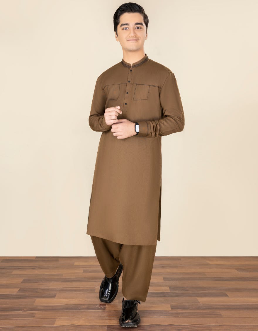 Olive Polyester Teen Boy's Kameez Shalwar | Jtks-A-46038