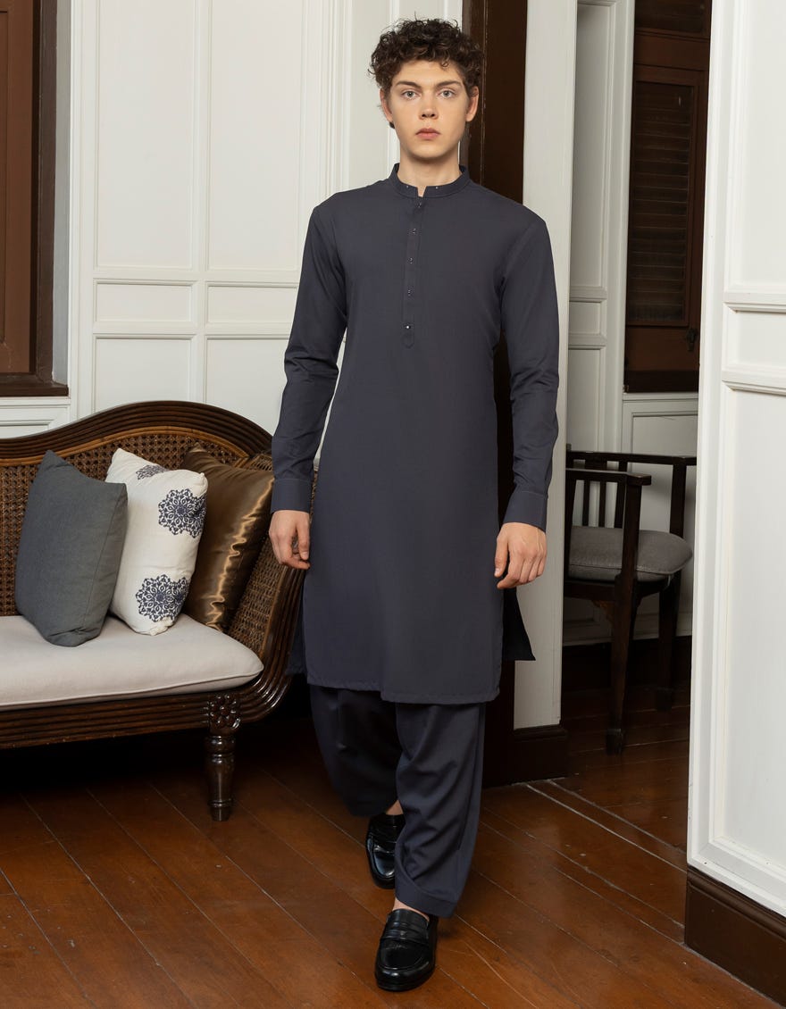 Charcoal Grey Blended Teen Boy's Kameez Shalwar | Jtks-S-46047