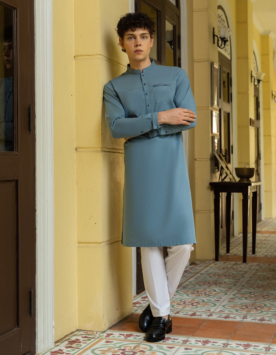 Pale Blue Blended Teen Boy's Kurta | Jtk-S-46048