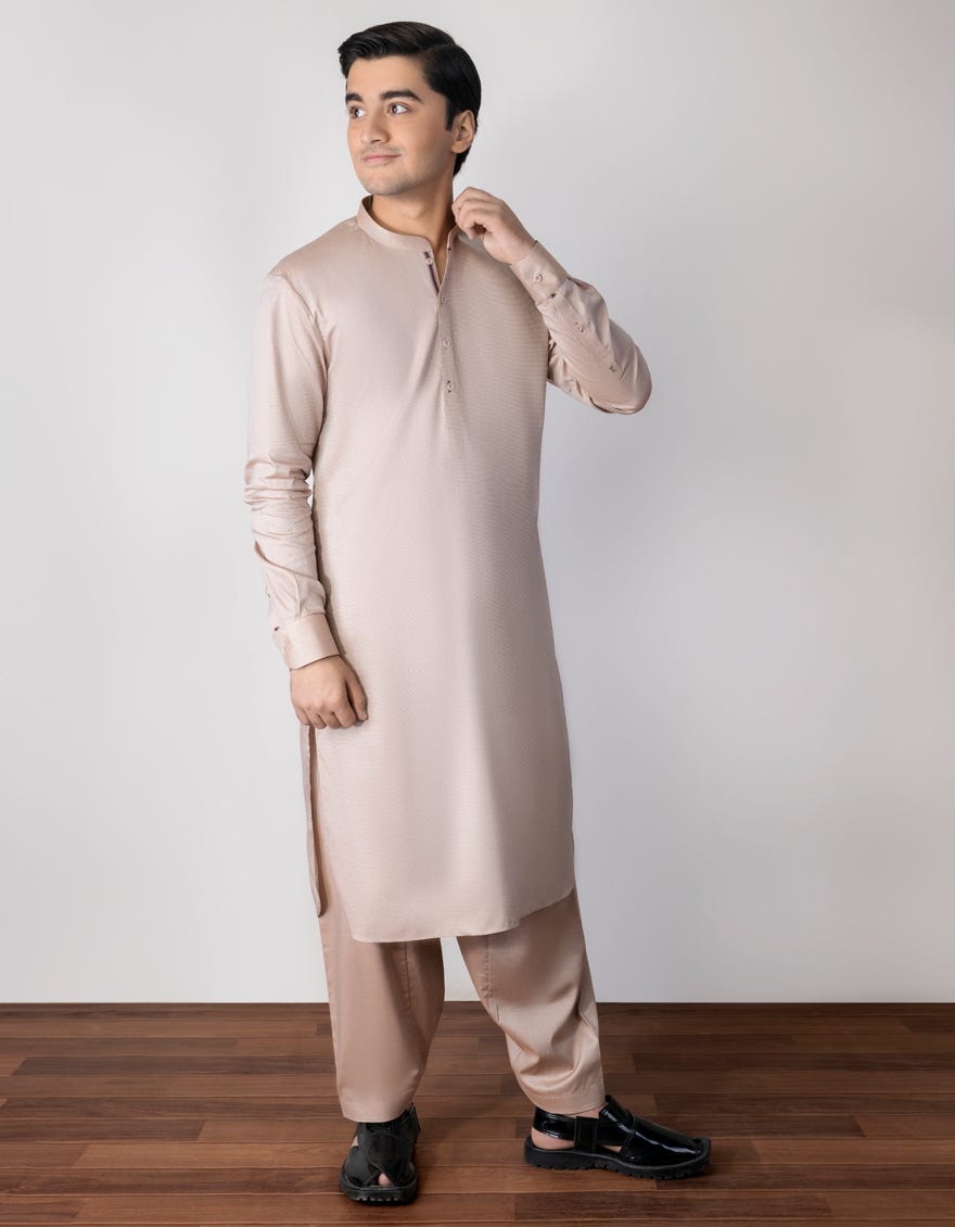 Hatched Brown Cotton Teen Boy's Kameez Shalwar | Jtks-S-46050
