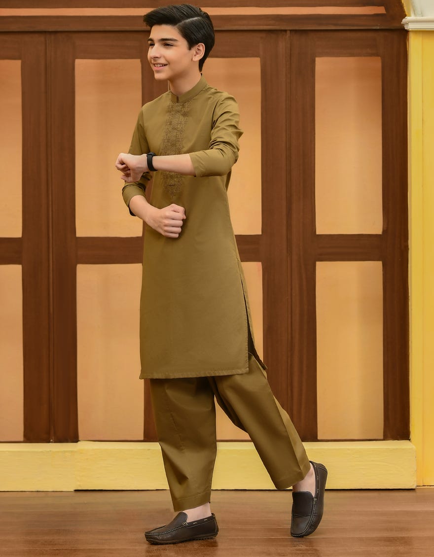 Mud Brown Cotton Kid's Kameez Shalwar | Jcks-S-46054